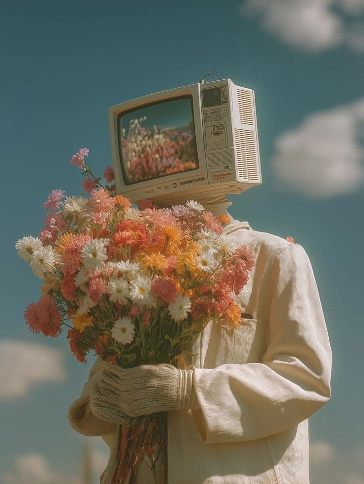 Eine Person mit einem alten Fernseher als Kopf, im Arm ein Strauß Wildblumen.