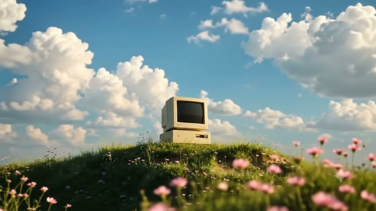 Ein alter Röhrencomputer auf einem Hügel unter einem Wolkenhimmel.